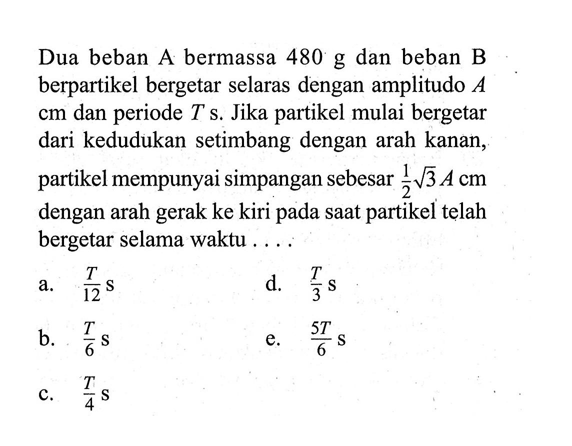 Dua beban A bermassa 480 g dan beban B berpartikel bergetar selaras dengan amplitudo A cm dan periode Ts. Jika partikel mulai bergetar dari kedudukan setimbang dengan arah kanan, partikel mempunyai simpangan sebesar 1/2 akar(3) A cm dengan arah gerak ke kiri pada saat partikel telah bergetar selama waktu ....