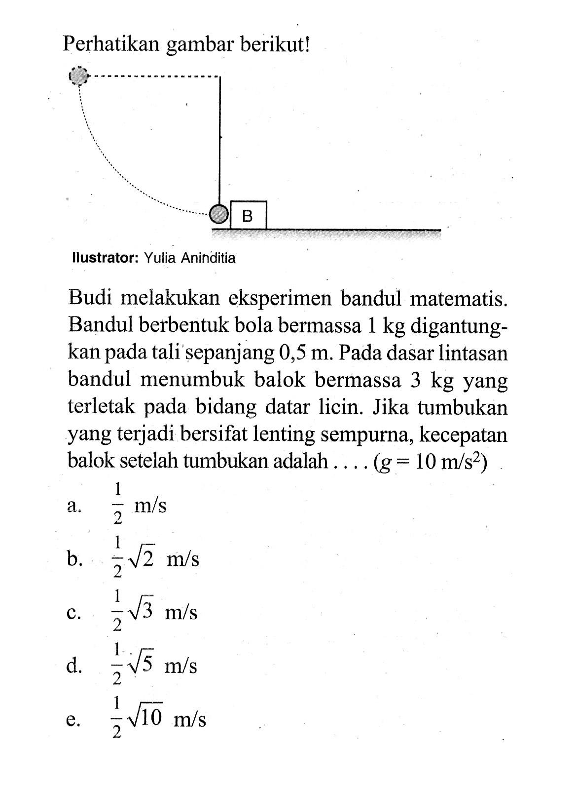 Perhatikan gambar berikut! Ilustrator: Yulia Aninditia Budi melakukan eksperimen bandul matematis. Bandul berbentuk bola bermassa 1 kg digantungkan pada tali sepanjang 0,5 m. Pada dasar lintasan bandul menumbuk balok bermassa 3 kg yang terletak pada bidang datar licin. Jika tumbukan yang terjadi bersifat lenting sempurna, kecepatan balok setelah tumbukan adalah .... (g=10 m/s^2)