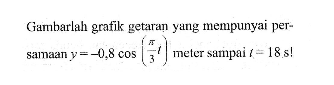 Gambarlah grafik getaran yang mempunyai persamaan  y=-0,8 cos (pi/3 t)  meter sampai  t=18 s  !