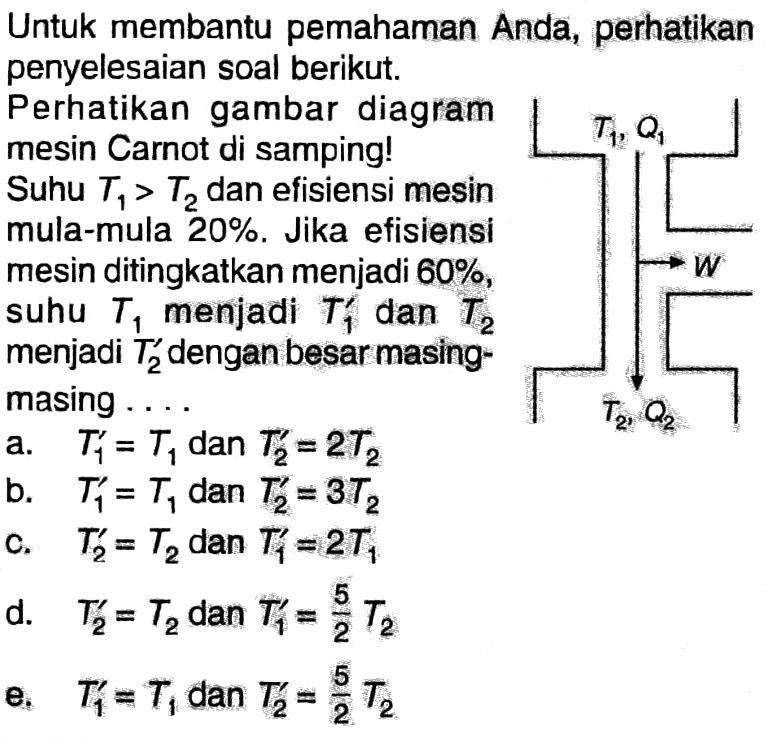 Untuk membantu pemahaman Anda, perhatikan penyelesaian soal berikut. Perhatikan gambar diagram mesin Carnot di samping! Suhu T1>T2 dan efisiensi mesin mula-mula 20%. Jika efisiensi mesin ditingkatkan menjadi 60%, suhu T1 menjadi T1' dan T2 menjadi T2' dengan besar masing masing ....