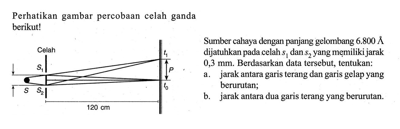 Perhatikan gambar percobaan celah ganda berikut! Celah S1 S S2 t1 P t0 120 cm
Sumber cahaya dengan panjang gelombang  6.800 A  dijatuhkan pada celah s1 dan s2 yang memiliki jarak 0,3 mm. Berdasarkan data tersebut, tentukan:
a. jarak antara garis terang dan garis gelap yang berurutan;
b. jarak antara dua garis terang yang berurutan.