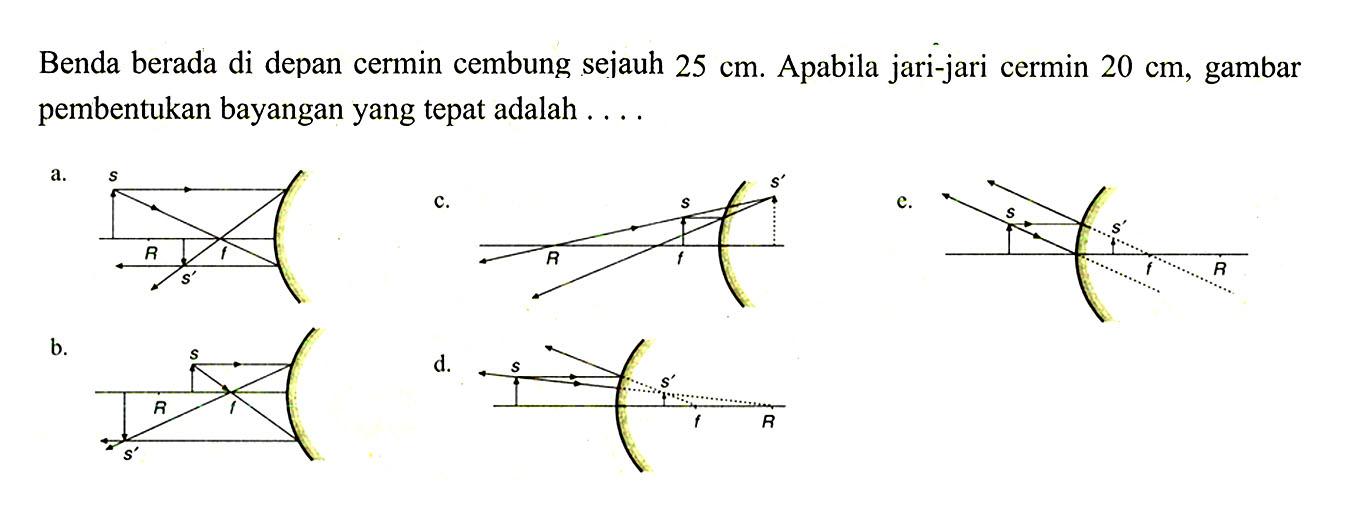 Benda berada di depan cermin cembung sejauh 25 cm. Apabila jari-jari cermin 20 cm, gambar pembentukan bayangan yang tepat adalah .... a. b. c. d. e. 