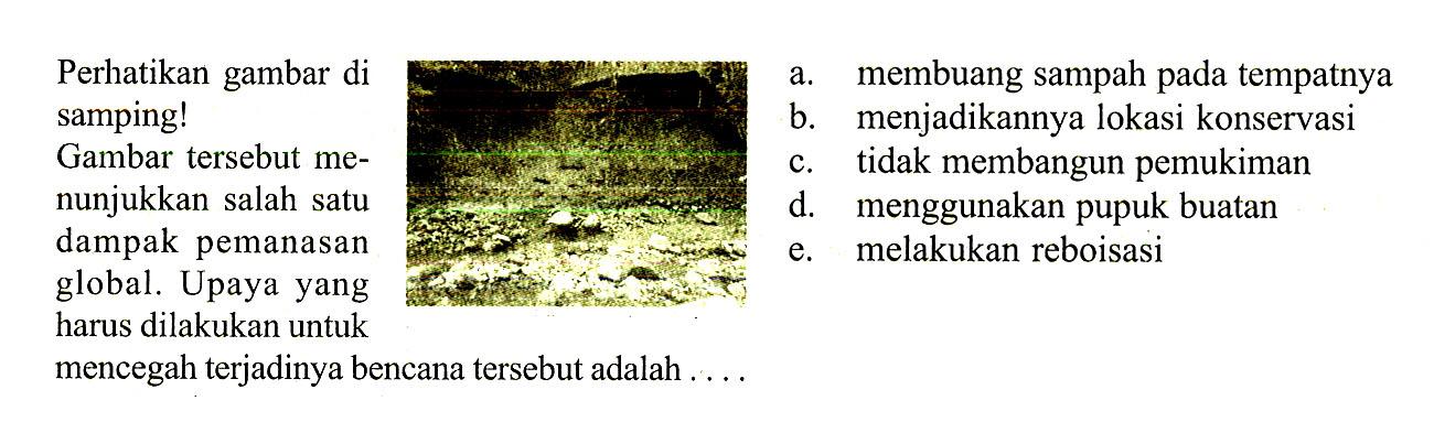 Perhatikan gambar di samping! Gambar tersebut menunjukkan salah satu dampak pemanasan global. Upaya yang harus dilakukan untuk mencegah terjadinya bencana tersebut adalah ....  a. membuang sampah pada tempatnya b. menjadikannya lokasi konservasi c. tidak membangun pemukiman d. menggunakan pupuk buatan e. melakukan reboisasi 