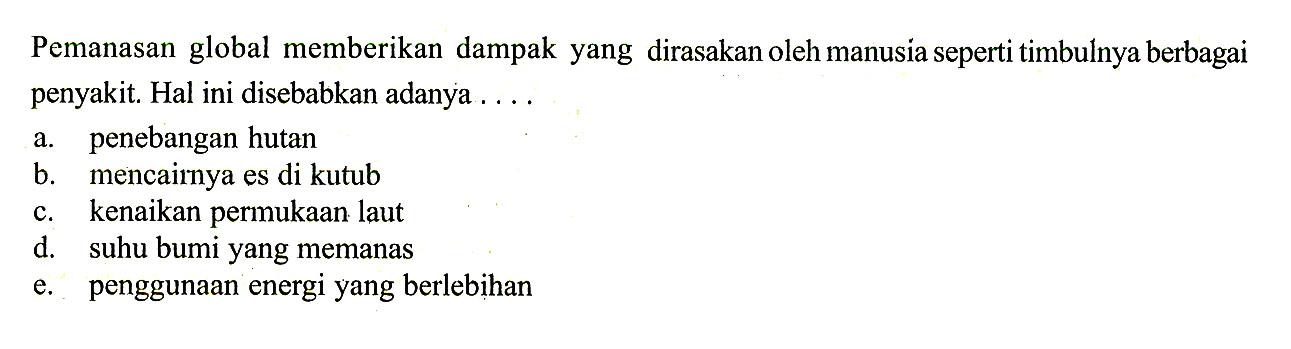 Pemanasan global memberikan dampak yang dirasakan oleh manusia seperti timbulnya berbagai penyakit. Hal ini disebabkan adanya .... 