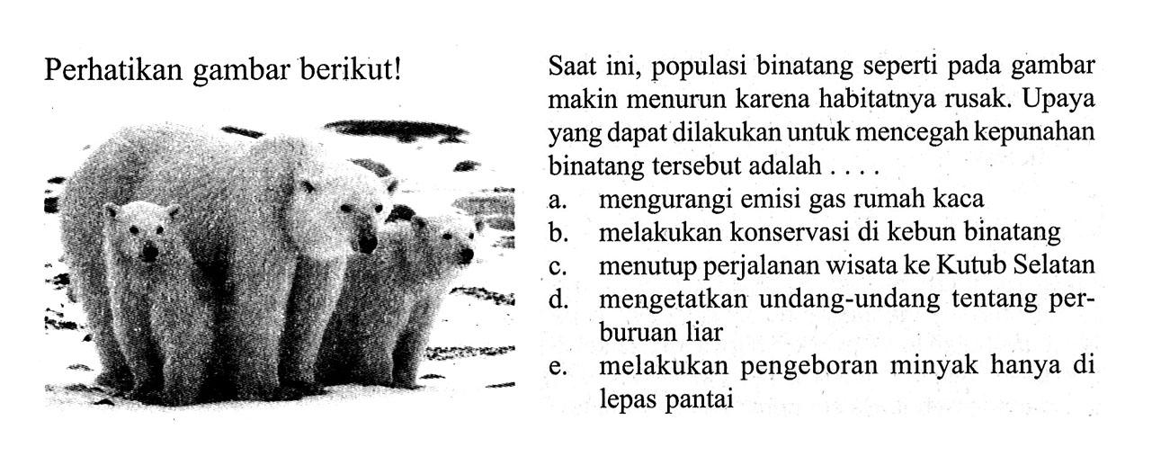 Saat ini, populasi binatang seperti pada gambar makin menurun karena habitatnya rusak. Upaya yang dapat dilakukan untuk mencegah kepunahan binatang tersebut adalah.... a. mengurangi emisi gas rumah kacab. melakukan konservasi di kebun binatangc. menutup perjalanan wisata ke Kutub Selatand. mengetatkan undang-undang tentang perburuan liare. melakukan pengeboran minyak hanya di lepas pantai 