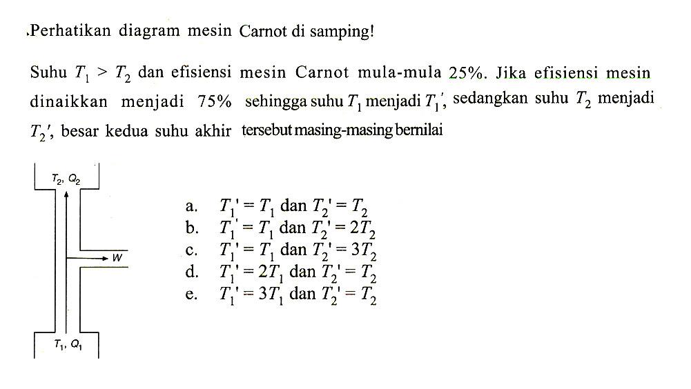 Perhatikan diagram mesin Carnot di samping! Suhu  T1>T2 dan efisiensi mesin Carnot mula-mula 25%. Jika efisiensi mesin dinaikkan menjadi 75% sehingga suhu T1 menjadi T1', sedangkan suhu T2 menjadi T2', besar kedua suhu akhir tersebut masing-masing bernilai