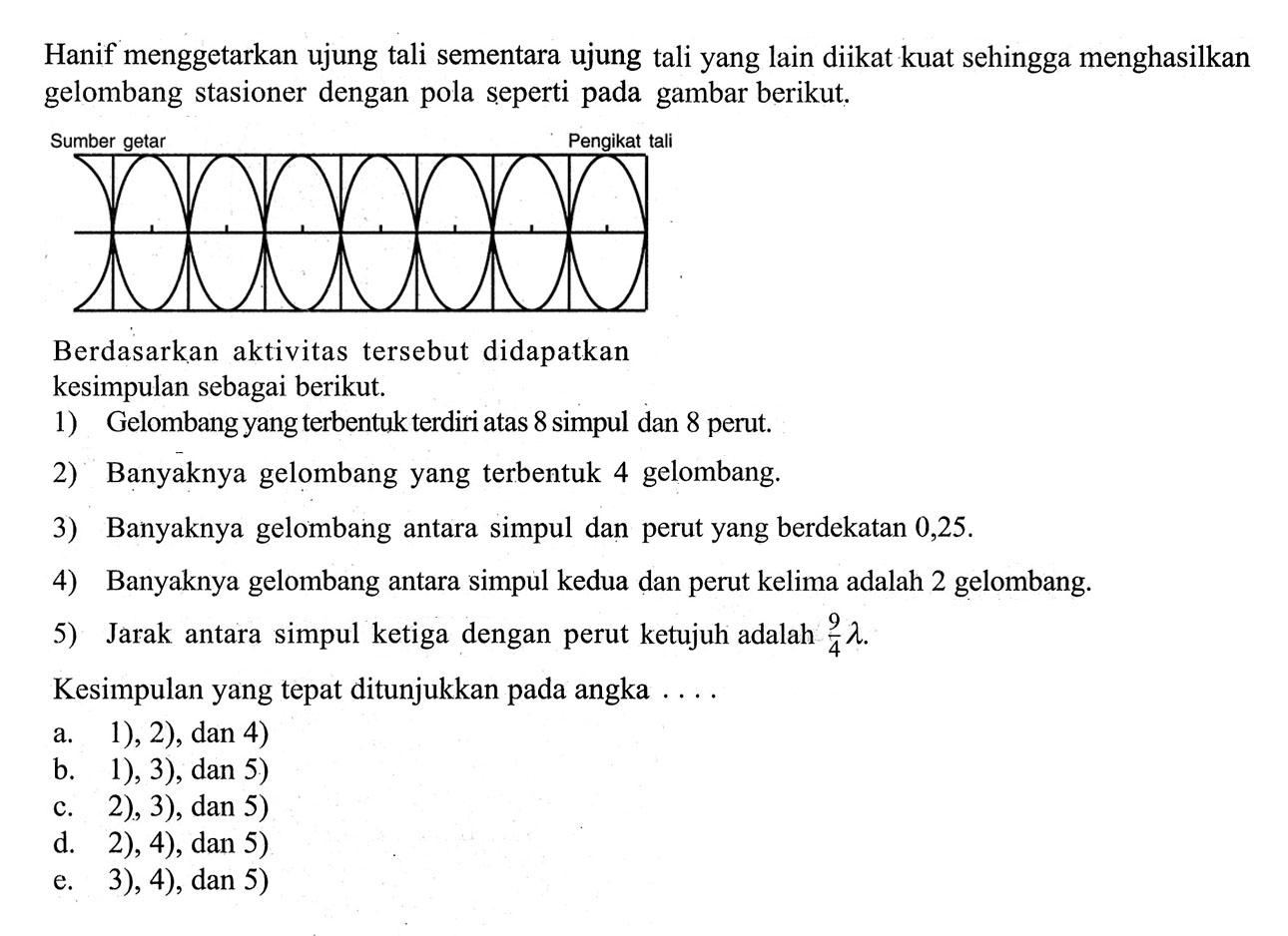 Hanif menggetarkan ujung tali sementara ujung tali yang lain diikat kuat sehingga menghasilkan gelombang stasioner dengan pola seperti pada gambar berikut. Sumber getar Pengikat tali
Berdasarkan aktivitas tersebut didapatkan kesimpulan sebagai berikut.
1) Gelombang yang terbentuk terdiri atas 8 simpul dan 8 perut.
2) Banyaknya gelombang yang terbentuk 4 gelombang.
3) Banyaknya gelombang antara simpul dan perut yang berdekatan 0,25.
4) Banyaknya gelombang antara simpul kedua dan perut kelima adalah 2 gelombang.
5) Jarak antara simpul ketiga dengan perut ketujuh adalah  9/4 lambda.
Kesimpulan yang tepat ditunjukkan pada angka ....
a. 1), 2), dan 4)
b. 1), 3), dan 5)
c. 2), 3), dan 5)
d. 2), 4), dan 5)
e. 3 ), 4), dan 5)