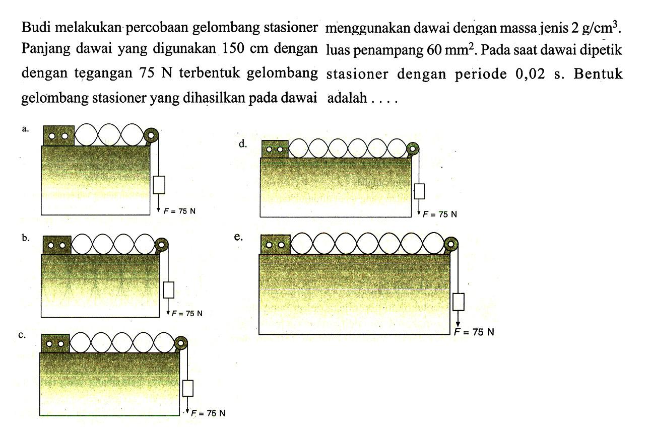 Budi melakukan percobaan gelombang stasioner menggunakan dawai dengan massa jenis  2 g/cm^3. Panjang dawai yang digunakan  150 cm  dengan luas penampang  60 mm^2. Pada saat dawai dipetik dengan tegangan  75 N  terbentuk gelombang stasioner dengan periode  0,02 s. Bentuk gelombang stasioner yang dihasilkan pada dawai adalah ....
a. F=75 N
d. F=75 N
b. F=75 N
e. F=75 N
c. F=75 N