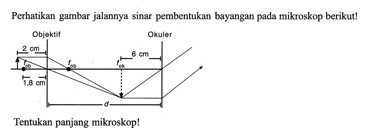 Perhatikan gambar jalannya sinar pembentukan bayangan pada mikroskop berikut!Objektif Okuler 2 cm 6 cm fob fob fok 1,8 cm d Tentukan panjang mikroskop!