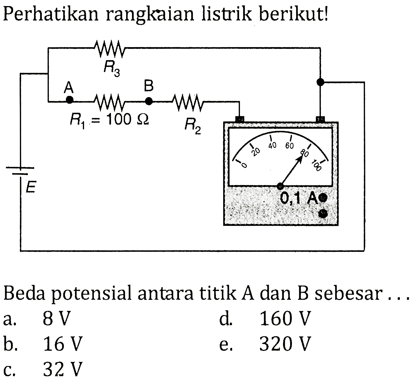 Perhatikan rangkaian listrik berikut! Beda potensial antara titik A dan B sebesar....