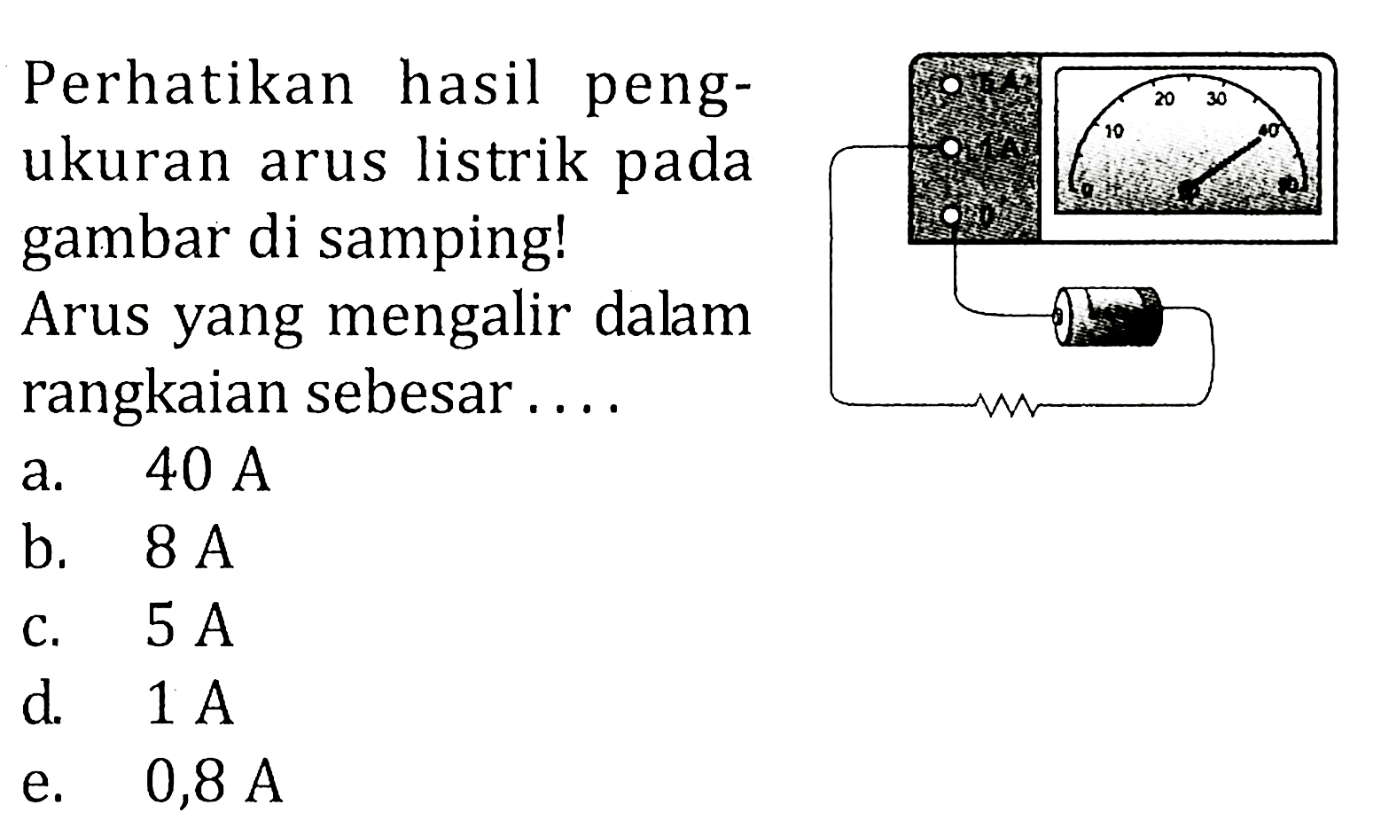 Perhatikan hasil peng- ukuran arus listrik pada gambar di samping! Arus yang mengalir dalam rangkaian sebesar . . . . 0 10 20 30 40 50