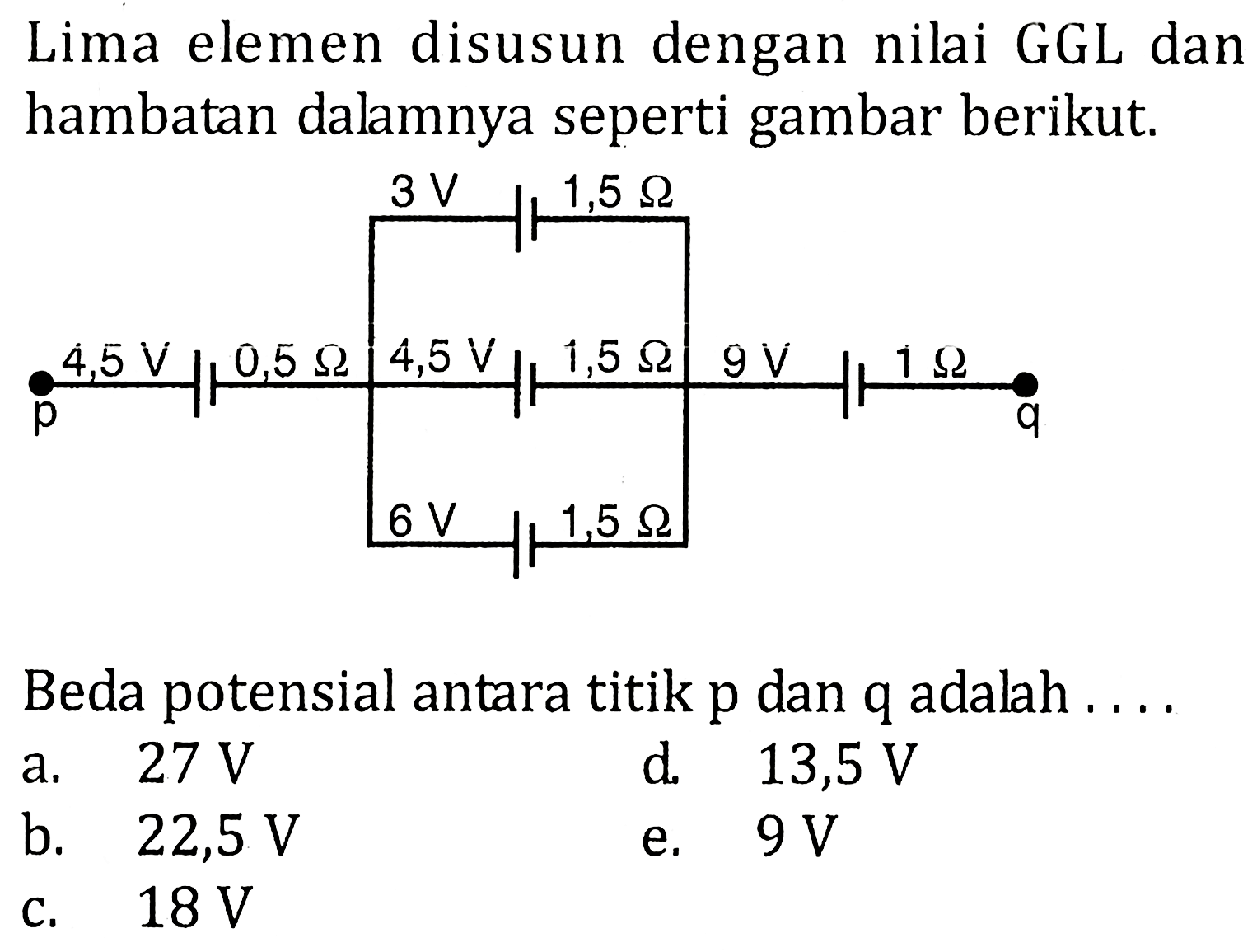 Lima elemen disusun dengan nilai GGL dan hambatan dalamnya seperti gambar berikut. p 4,5 V 0,5 ohm 3 V 1,5 ohm 4,5 V 1,5 ohm 6 V 1,5 ohm 9 V 1 ohm q Beda potensial antara titik p dan q adalah.... 