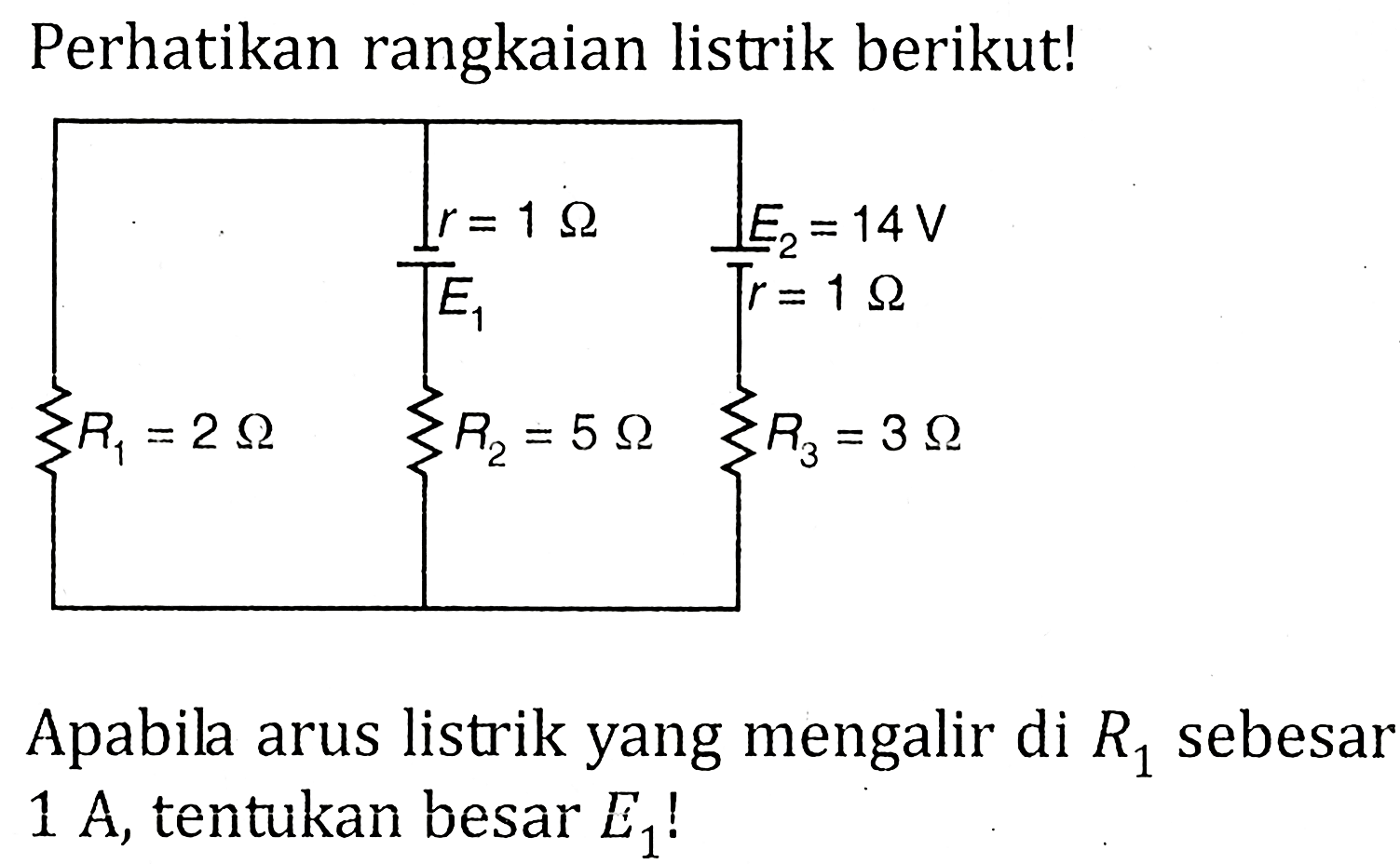 Perhatikan rangkaian listrik berikut! r = ohm E2 =14V E1 r = 1 ohm R1 = 2 ohm R2 = 5 ohm R3 = 3 ohm Apabila arus listrik yang mengalir di R1 sebesar 1 A, tentukan besar E1!