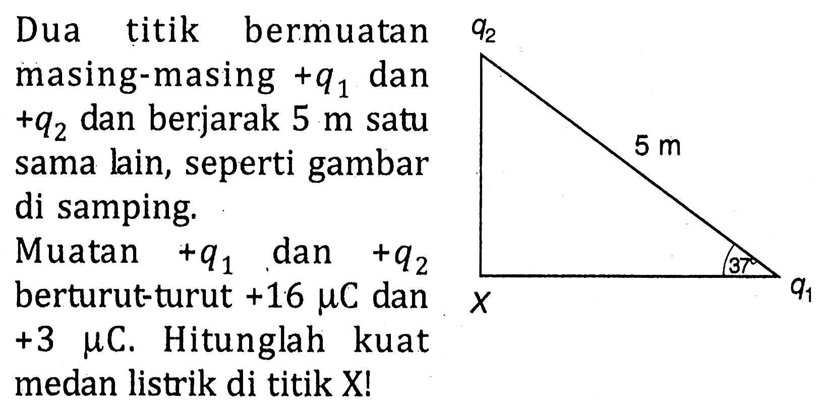 Dua titik bermuatan masing-masing +q1 dan +q2 dan berjarak 5 m satu sama lain, seperti gambar di samping. Muatan +q1 dan q2 +16 mu C dan +3 mu C. Hitunglah kuat medan listrik di titik X! q2 5 m 37 X q1