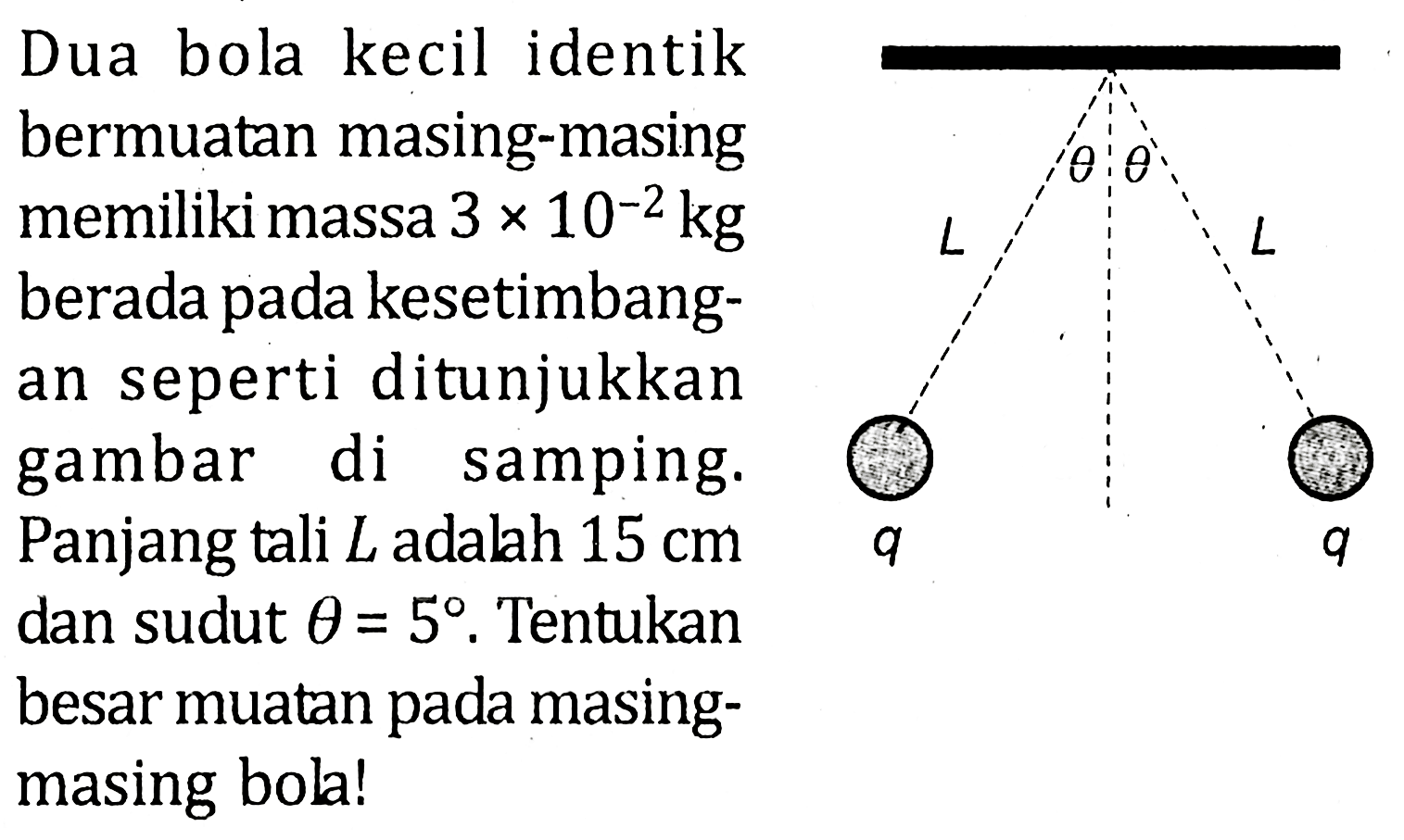 Dua bola kecil identik bermuatan masing-masing memiliki massa 3 x 10^-2 kg berada pada kesetimbang-an seperti ditunjukkan gambar di samping. Panjang tali L adabh 15 cm dan sudut theta = 5. Tentukan besar muatan pada masing- masing bola!