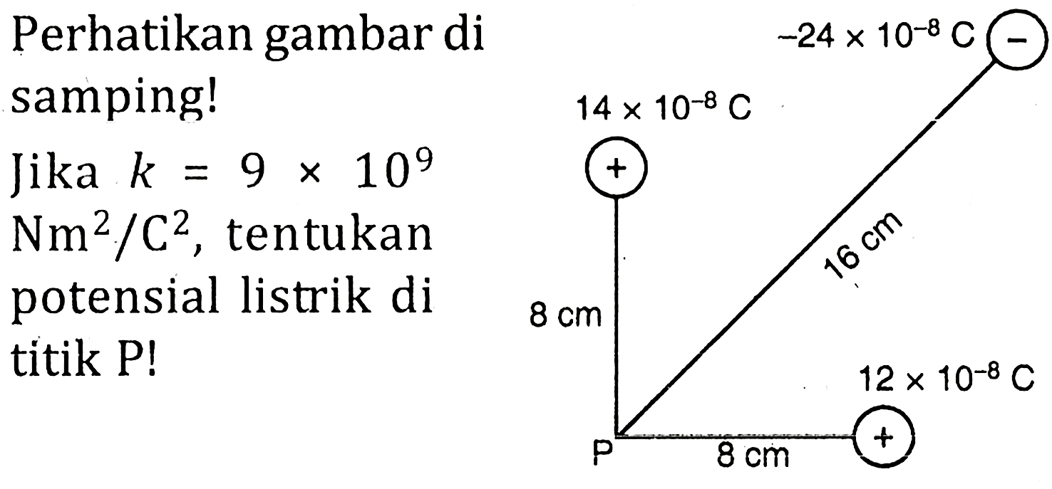 Perhatikan gambar di samping! Jika k = 9 x 10^9 Nm^2/C^2, tentukan potensial listrik di titik P!