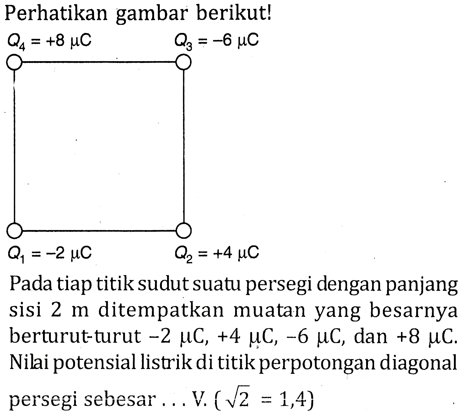 Perhatikan gambar berikut! Pada tiap titik sudut suatu persegi dengan panjang sisi 2 m ditempatkan muatan yang besarnya berturut-turut -2 muC, +4 muC, -6 muC, dan +8 muC. Nilai potensial listrik di titik perpotongan diagonal persegi sebesar.... V. (akar(2) = 1,4)