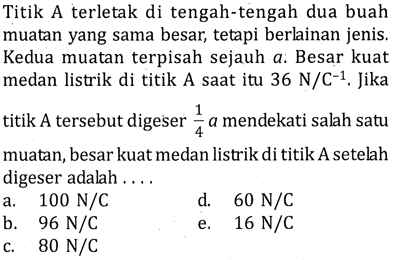 Titik A terletak di tengah-tengah dua buah muatan yang sama besar, tetapi berlainan jenis. Kedua muatan terpisah sejauh a. Besar kuat medan listrik di titik A saat itu 36 N/C^-1. Jika titik A tersebut digeser 1/4 a mendekati salah satu muatan, besar kuat medan listrik di titik A setelah digeser adalah ....