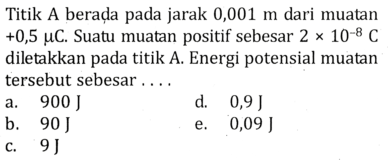 Titik A berada pada jarak 0,001 m dari muatan +0,5 mu C. Suatu muatan positif sebesar 2x10^-8 C diletakkan pada titik A. Energi potensial muatan tersebut sebesar...