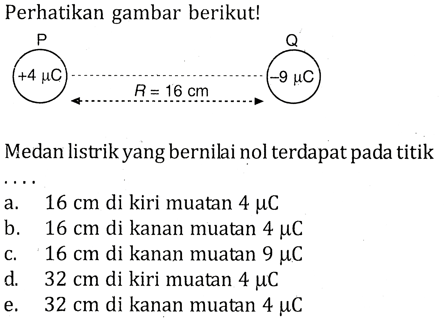 Perhatikan gambar berikut! +4 muC -9muC R= 16 cm Medan listrik yang bernilai nol terdapat pada titik