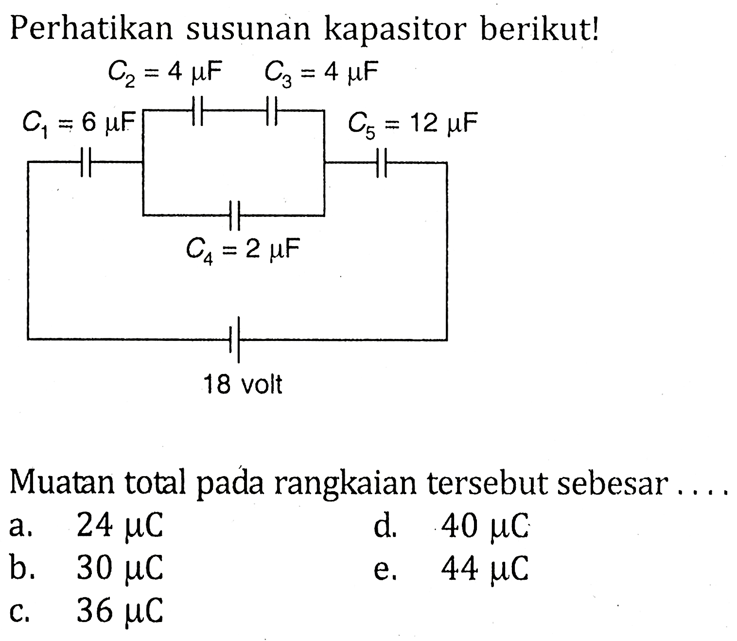 Perhatikan susunan kapasitor berikut! Cz2 = 4 mu F C3 = 4 mu F C1 = 6 mu F C5 = 12 mu F C4 = 2 mu F 18 volt Muatan total pada rangkaian tersebut sebesar . . . .