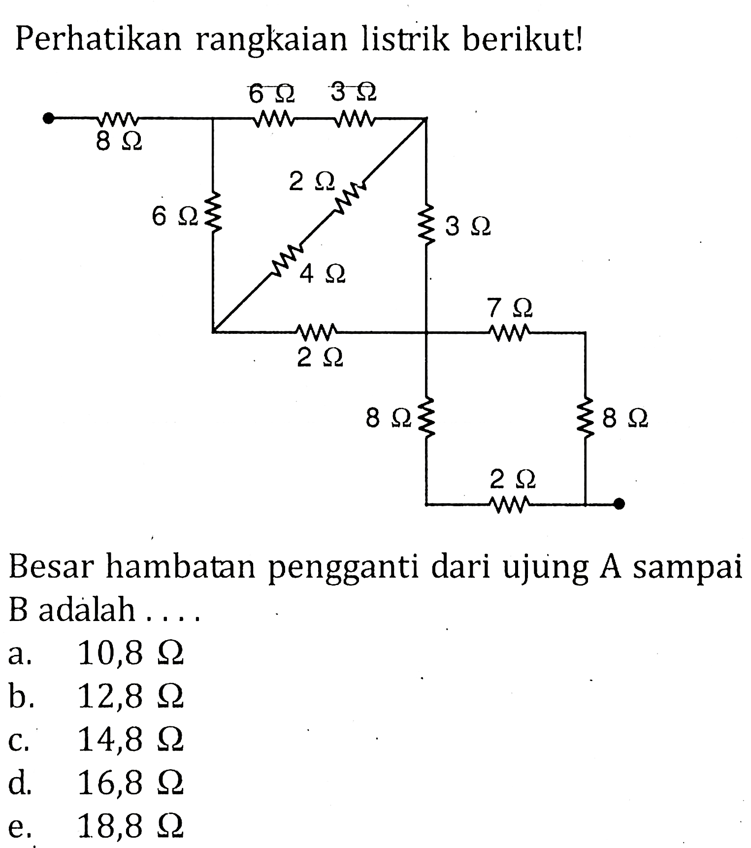 Perhatikan rangkaian listrik berikut! Besar hambatan pengganti dari ujung A sampai B adalah . . . .