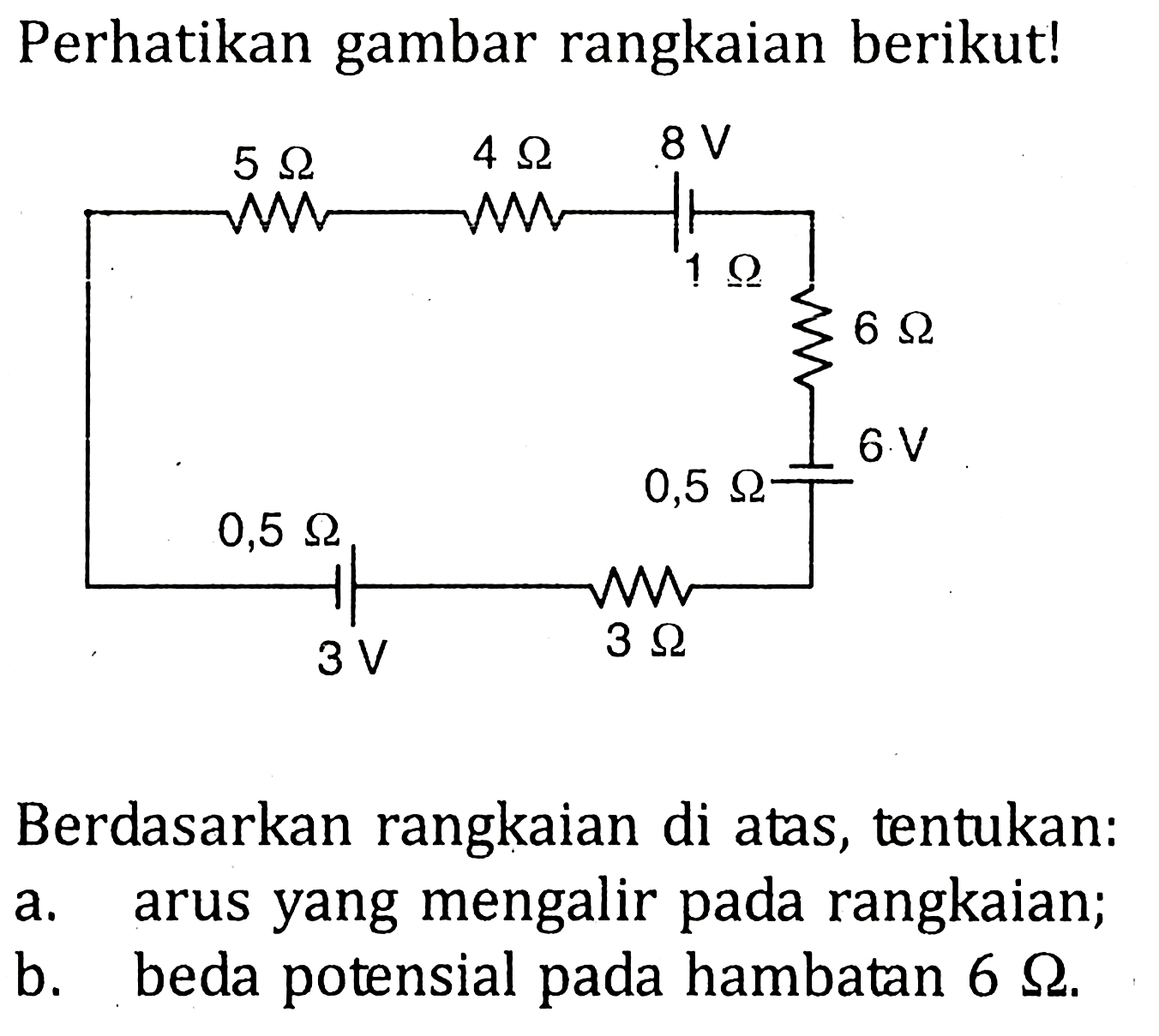 Perhatikan gambar rangkaian berikut! 5 ohm 4 ohm 8 V 1 ohm 6 ohm 6 V 0,5 ohm 0,5 ohm 3 V 3 ohm Berdasarkan rangkaian di atas, tentukan: a. arus yang mengalir pada rangkaian; b. beda potensial pada hambatan 6 ohm.