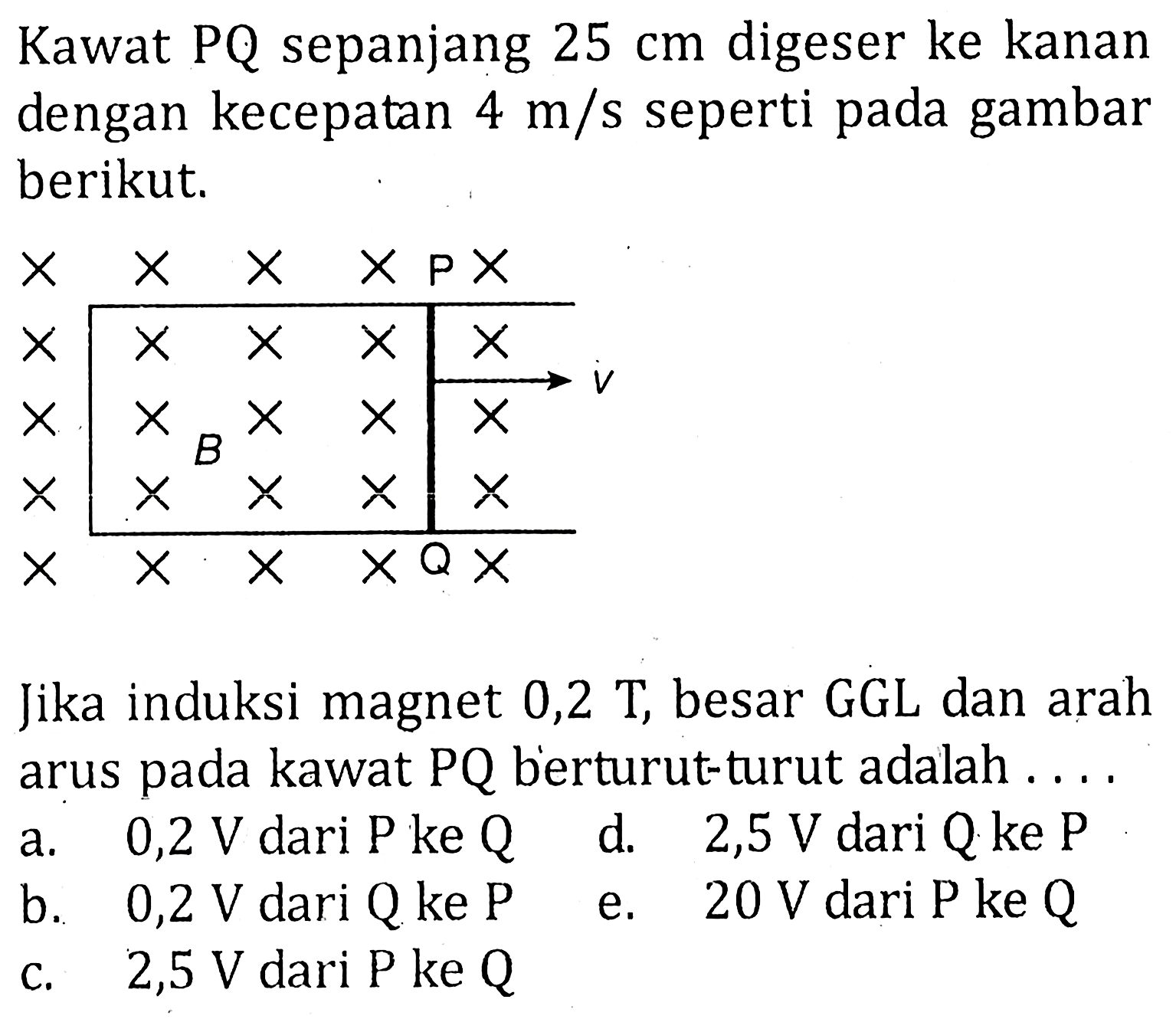 Kawat PQ sepanjang 25 cm digeser ke kanan dengan kecepatan 4 m/s seperti pada gambar berikut. Jika induksi magnet 0,2 T, besar GGL dan arah arus pada kawat PQ berturut-turut adalah . . . .