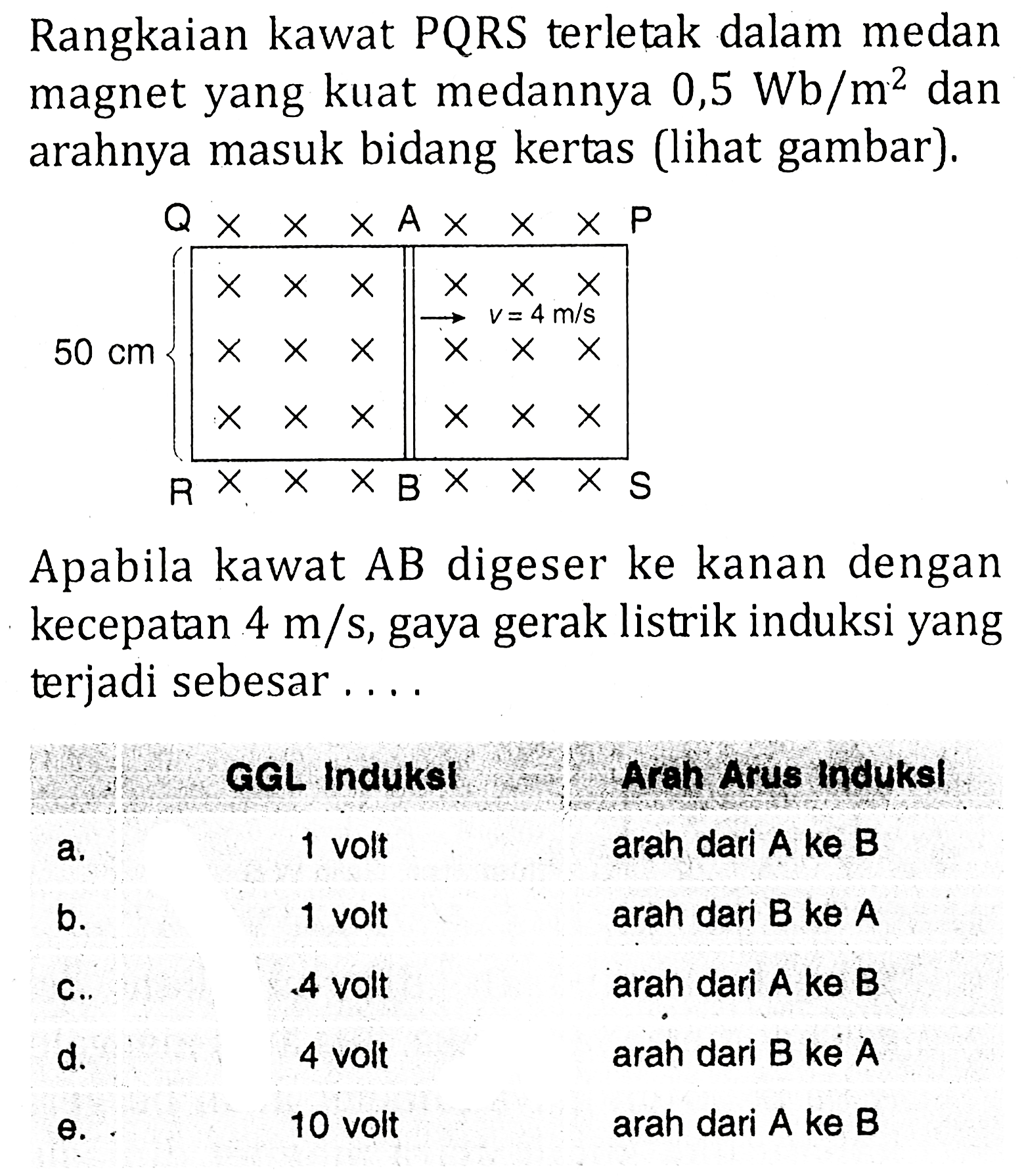 Rangkaian kawat PQRS terletak dalam medan magnet yang kuat medannya 0,5 Wb/m^2 dan arahnya masuk bidang kertas (lihat gambar). 50 cm v=4m/sApabila kawat AB digeser ke kanan dengan kecepatan 4 m/s, gaya gerak listrik induksi yang terjadi sebesar....GGL InduksI Arah Arus Induksl a. 1 volt arah dari A ke B b. 1 volt arah dari B ke A c.. 4 volt arah dari A ke B d. 4 volt arah dari B ke A e. 10 volt arah dari A ke B 