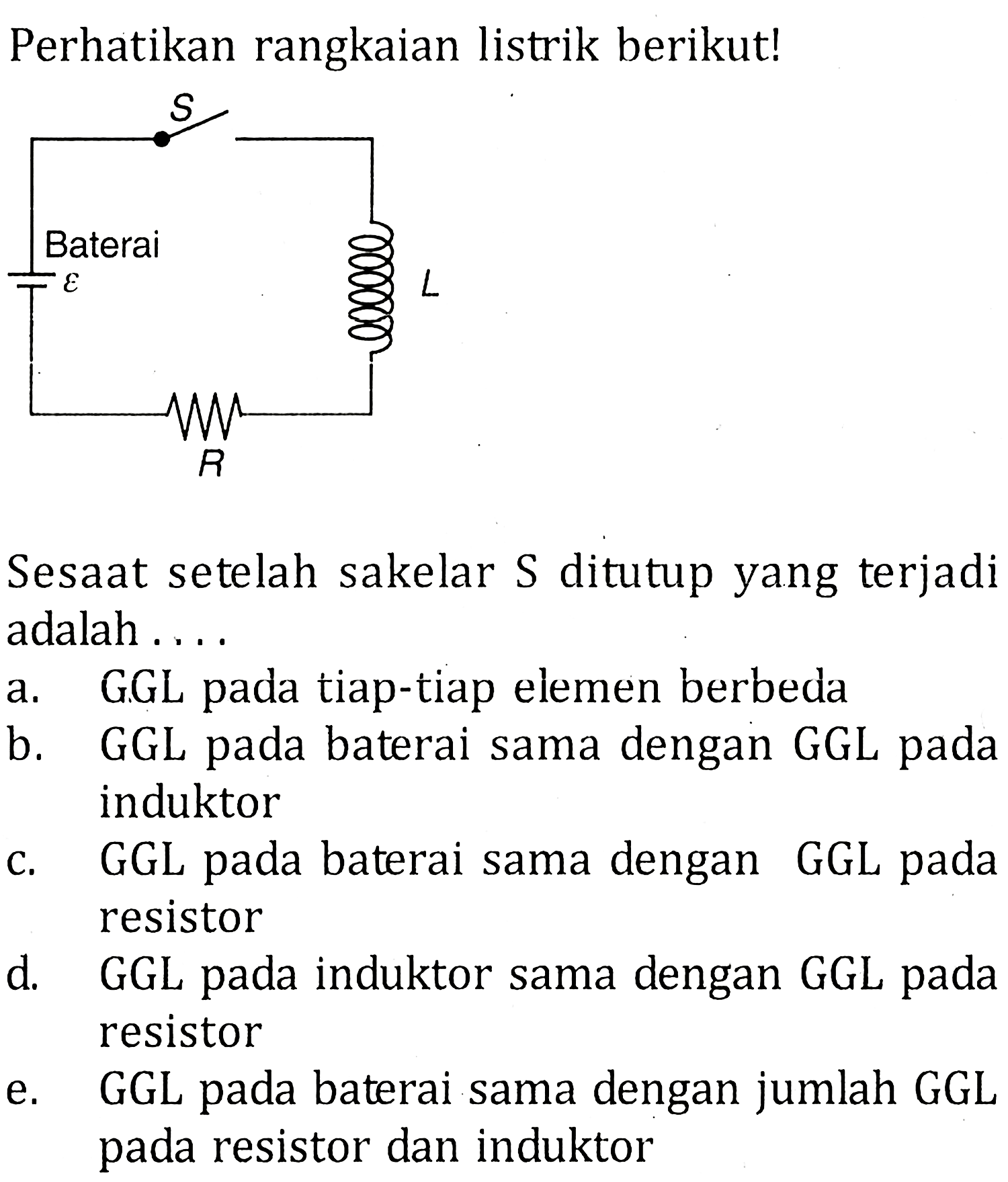 Perhatikan rangkaian listrik berikut!
Sesaat setelah sakelar S ditutup yang terjadi adalah ....
