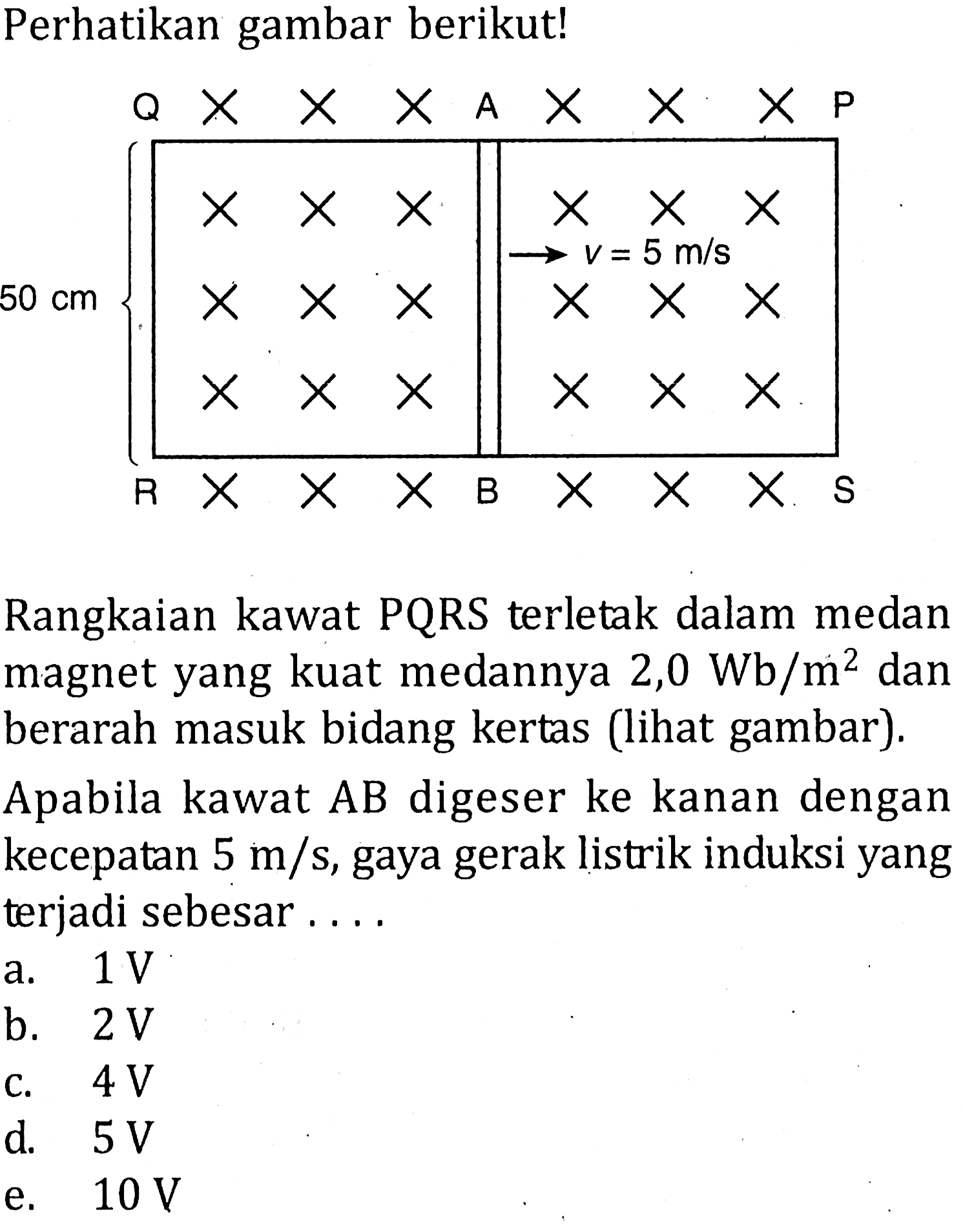 Perhatikan gambar berikut! Rangkaian kawat PQRS terletak dalam medan magnet yang kuat medannya 2,0 Wb/m^2 dan berarah masuk bidang kertas (lihat gambar). Apabila kawat AB digeser ke kanan dengan kecepatan 5 m/s, gaya gerak listrik induksi yang terjadi sebesar ....