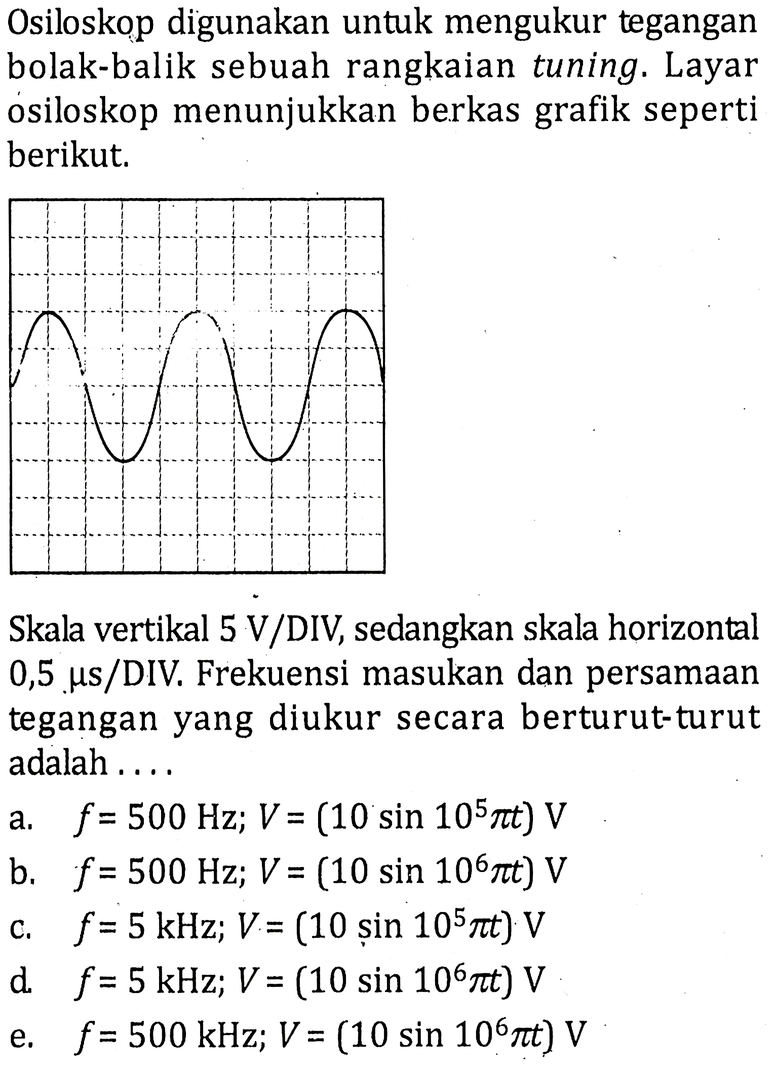 Osiloskop digunakan untuk mengukur tegangan bolak-balik sebuah rangkaian tuning. Layar osiloskop menunjukkan berkas grafik seperti berikut. Skala vertikal 5 V/DIV, sedangkan skala horizontal 0,5 mu s/DIV Frekuensi masukan dan persamaan tegangan yang diukur secara berturutturut adalah ...