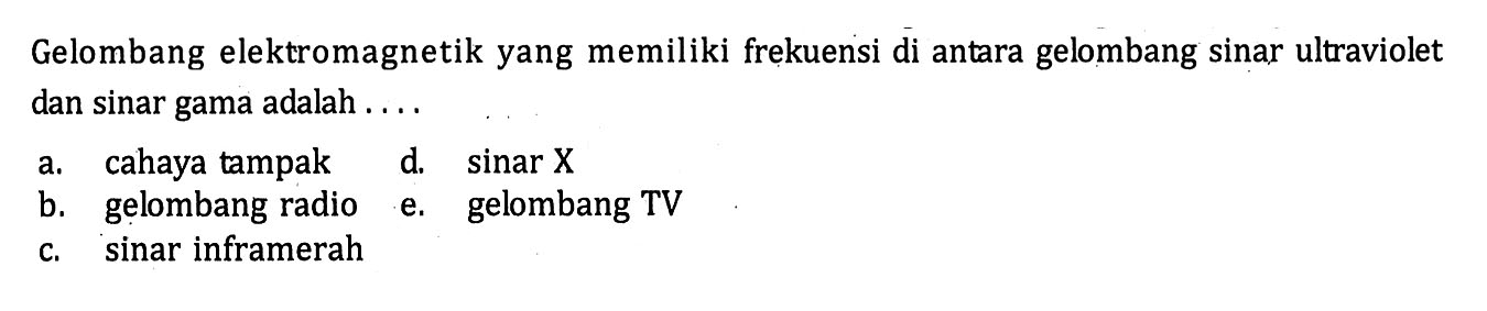 Gelombang elektromagnetik yang memiliki frekuensi di antara gelombang sinar ultraviolet dan sinar gama adalah ....