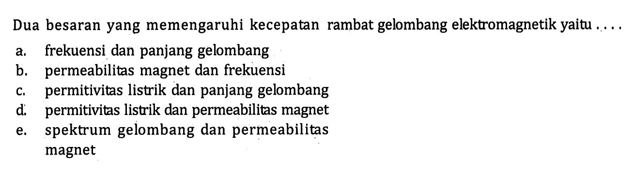 Dua besaran yang memengaruhi kecepatan rambat gelombang elektromagnetik yaitu .... 