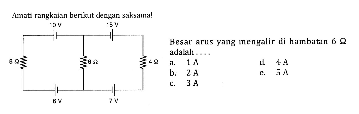 Amati rangkaian berikut dengan saksama!Besar arus yang mengalir di hambatan 6 ohm adalah ....