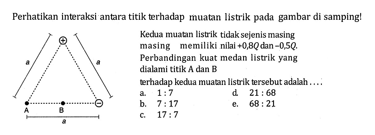 Perhatikan interaksi antara titik terhadap muatan listrik pada gambar di samping!Kedua muatan listrik tidak sejenis masing masing memiliki nilai +0,8 Q dan -0,5 Q. Perbandingan kuat medan listrik yang dialami titik A dan B terhadap kedua muatan listrik tersebut adalah ....