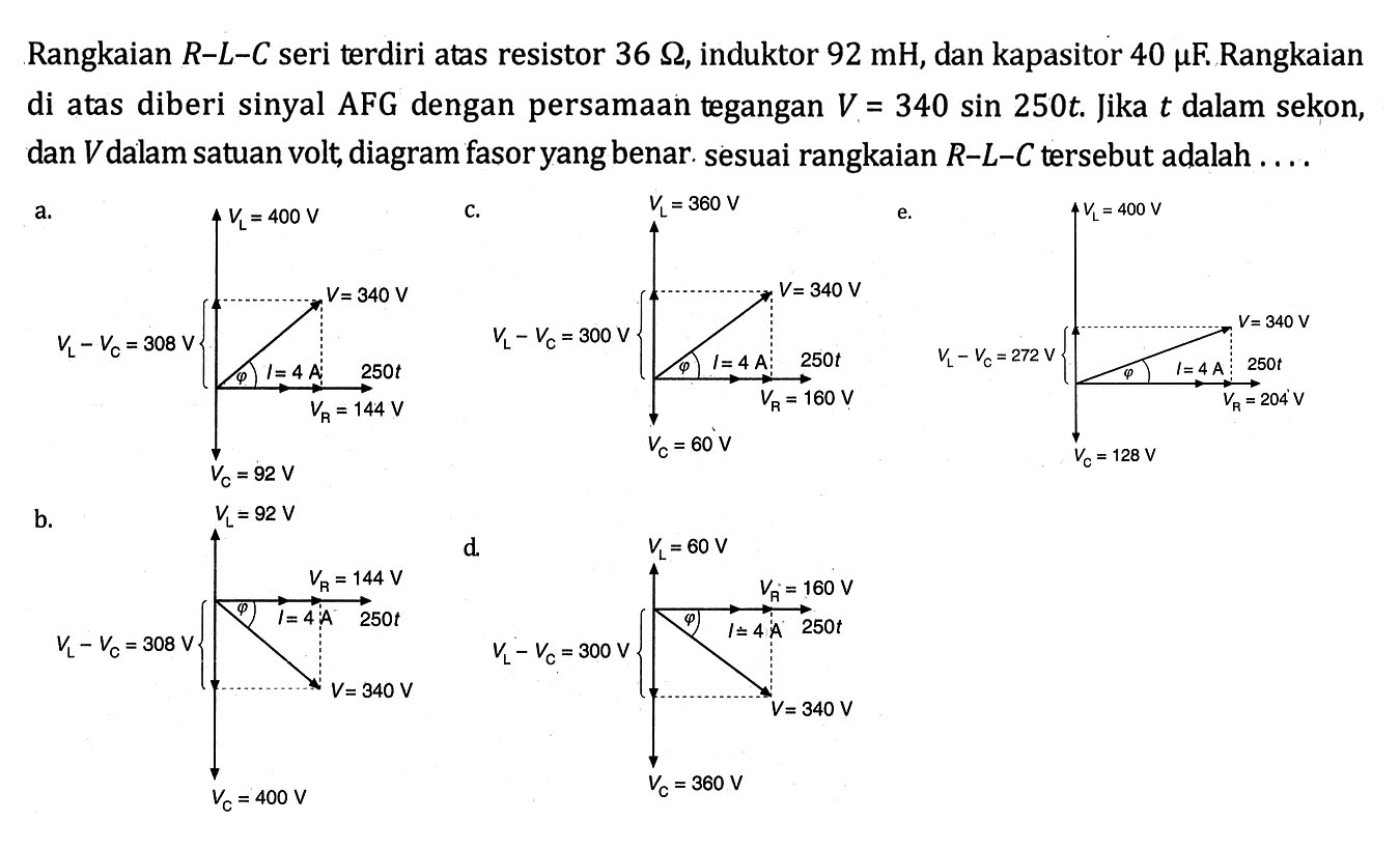 Rangkaian R-L-C seri terdiri atas resistor 36 ohm, induktor 92 mH, dan kapasitor 40 mu F, Rangkaian di atas diberi sinyal AFG dengan persamaan tegangan V=340 sin 250t. Jika t dalam sekon, dan V dalam satuan volt, diagram fasor yang benar. sesuai rangkaian R-L-C tersebut adalah ...