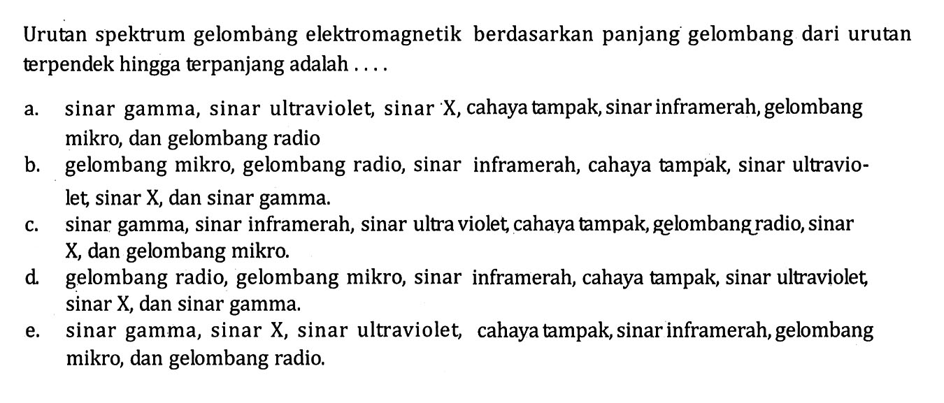 Urutan spektrum gelombang elektromagnetik berdasarkan panjang gelombang dari urutan terpendek hingga terpanjang adalah ....