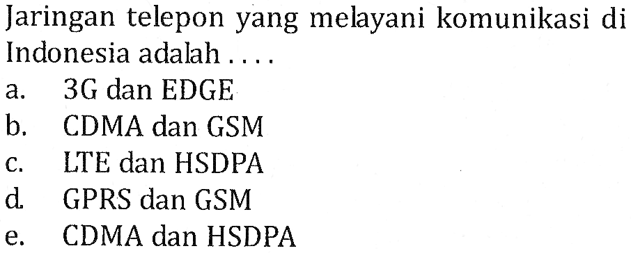 Jaringan telepon yang melayani komunikasi di Indonesia adalah ....