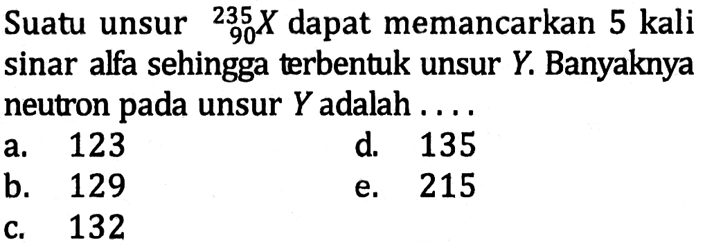 Suatu unsur  235 90 X  dapat memancarkan 5 kali sinar alfa sehingga terbentuk unsur  Y . Banyaknya neutron pada unsur  Y  adalah ....