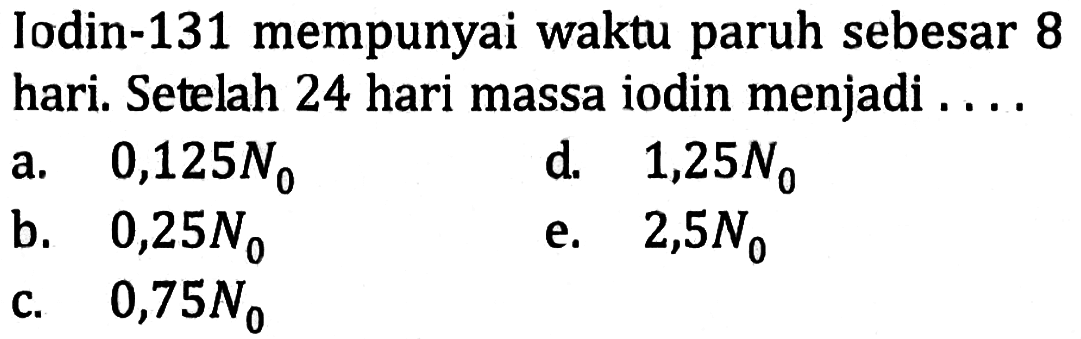 Iodin-131 mempunyai waktu paruh sebesar 8 hari. Setelah 24 hari massa iodin menjadi...