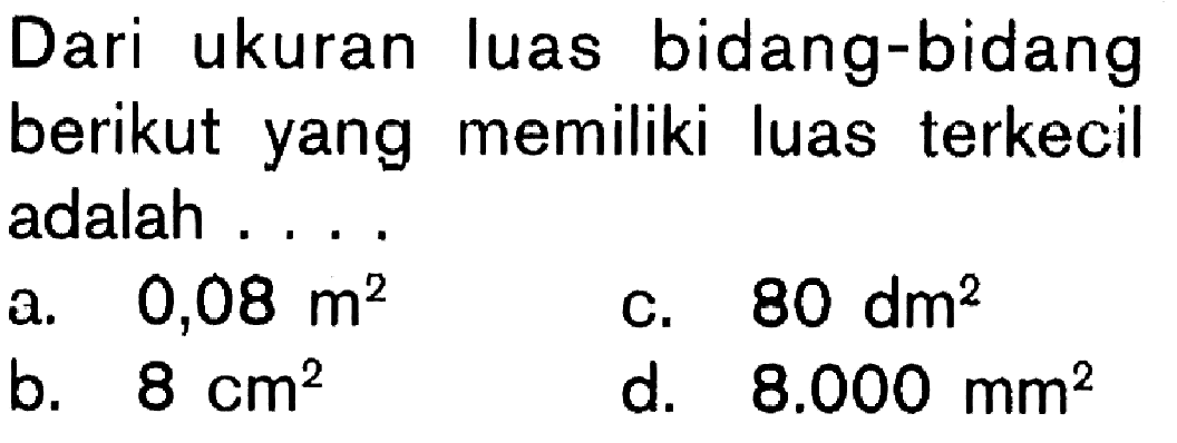 Dari ukuran luas bidang-bidang berikut yang memiliki luas terkecil adalah....