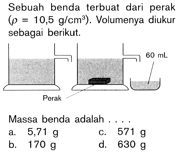 Sebuah benda terbuat dari perak (rho = 10,5 g/cm^3). Volumenya diukur sebagai berikut. 60 mL Perak Massa benda adalah . . . .