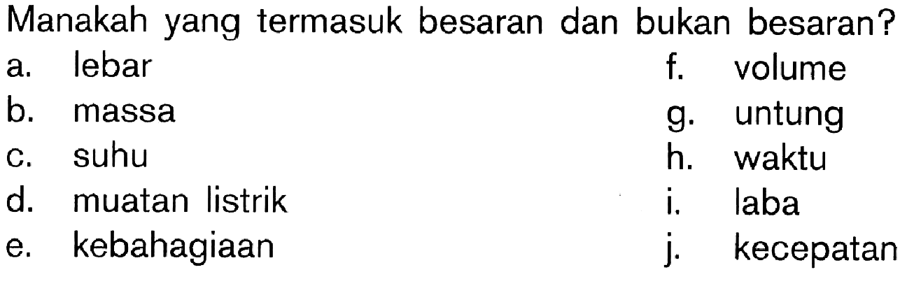 Manakah yang termasuk besaran dan bukan besaran? a. lebar f. volume b. massa g. untung c. suhu h. waktu d. muatan listrik i. laba e. kebahagiaan j. kecepatan