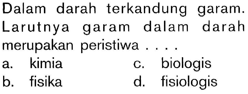 Dalam darah terkandung garam. Larutnya garam dalam darah merupakan peristiwa ....
