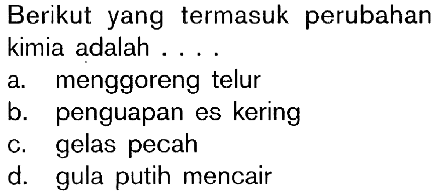 Berikut yang termasuk perubahan kimia adalah