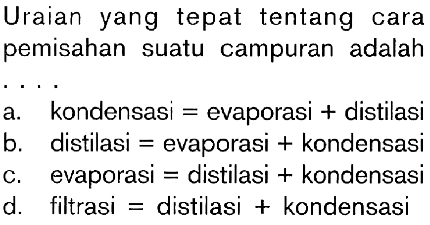 Uraian yang tepat tentang cara pemisahan suatu campuran adalah . . . .