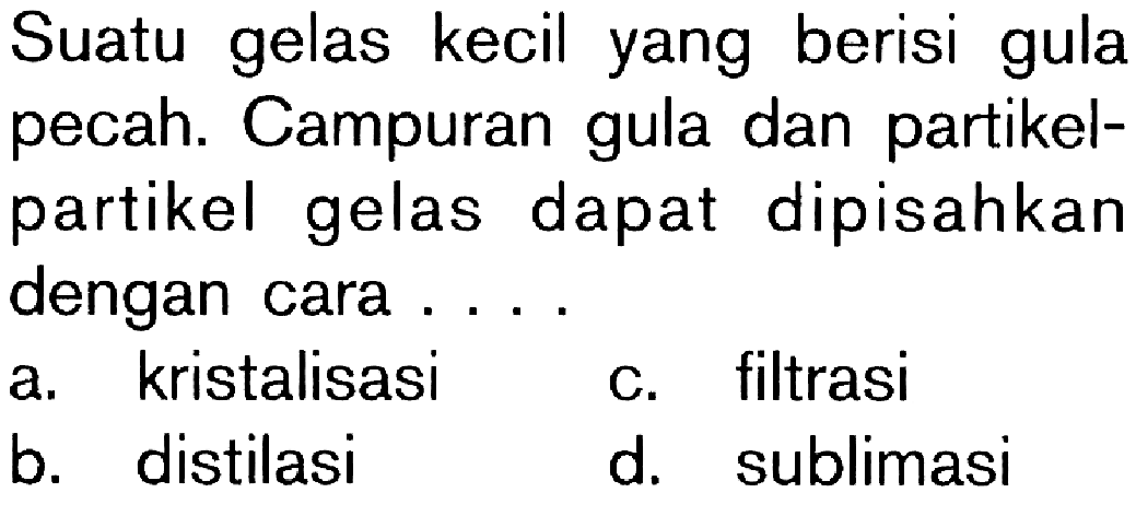 Suatu gelas kecil yang berisi gula pecah. Campuran gula dan partikel- partikel gelas dapat dipisahkan dengan cara