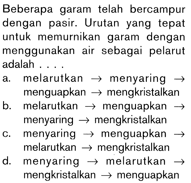 Beberapa garam telah bercampur dengan pasit. Urutan yang tepat untuk memurnikan garam dengan menggunakan air sebagai pelarut adalah ...