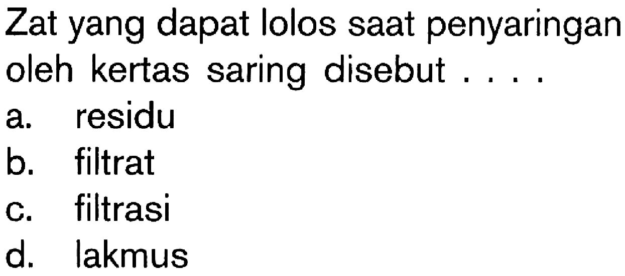 Zat yang dapat lolos saat penyaringan oleh kertas saring disebut ...